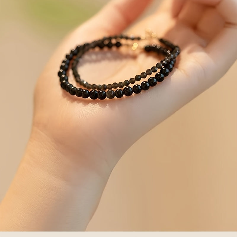 Ultra-Smooth Black Obsidian Bead Bracelet - Minimalist Retro Design for Daily Wear & Gifting