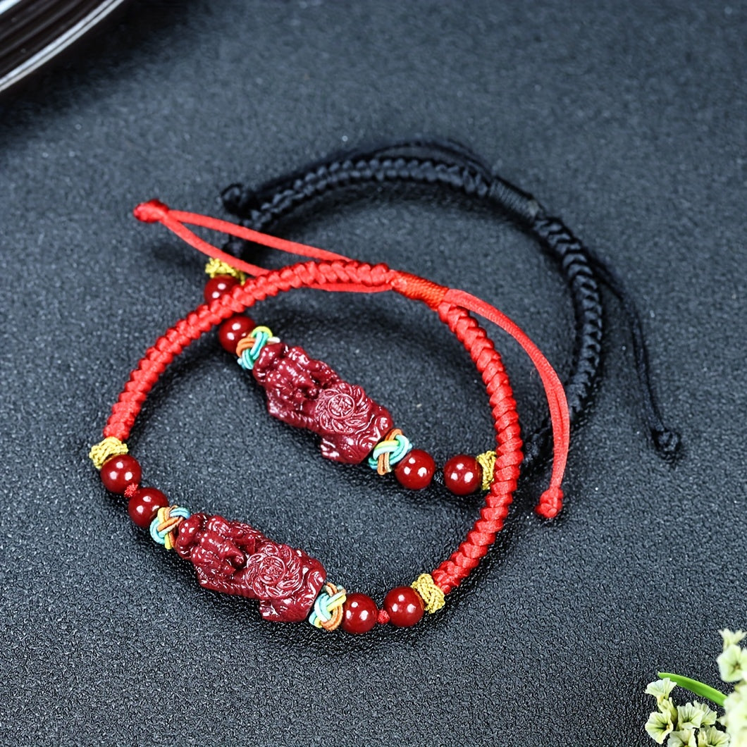 Men's Classic Cinnabar Pixiu Wealth Bracelet - Emperor Sand Ruyi Red Cord for Energy Healing