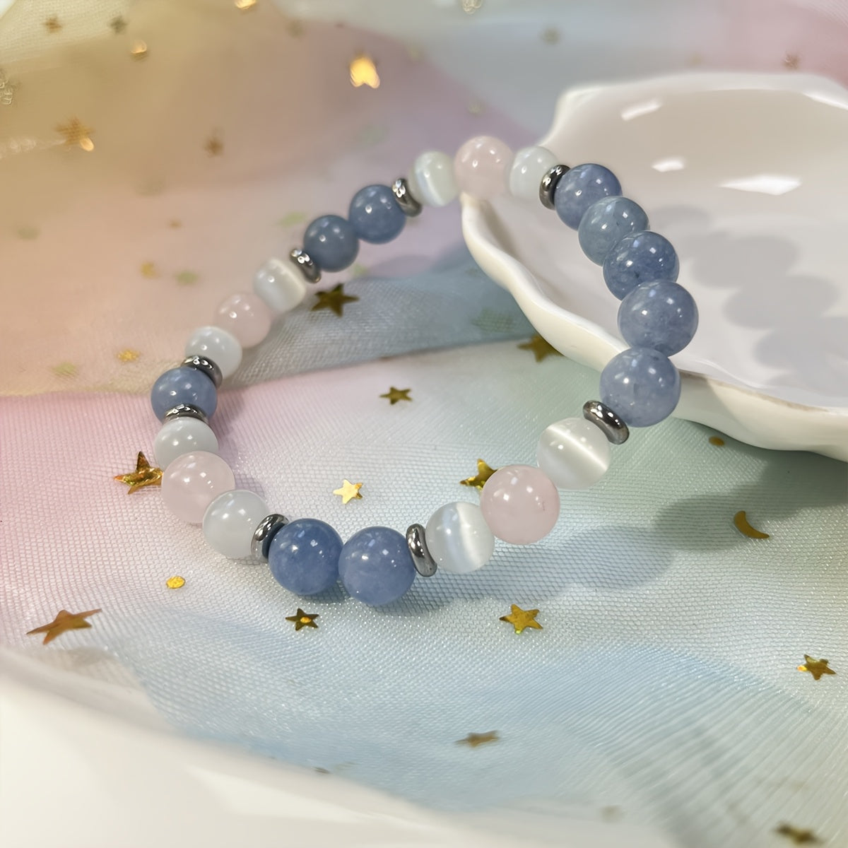 Bracelet for Inner Peace & Love - Aquamarine Rose Quartz Selenite Healing Jewelry