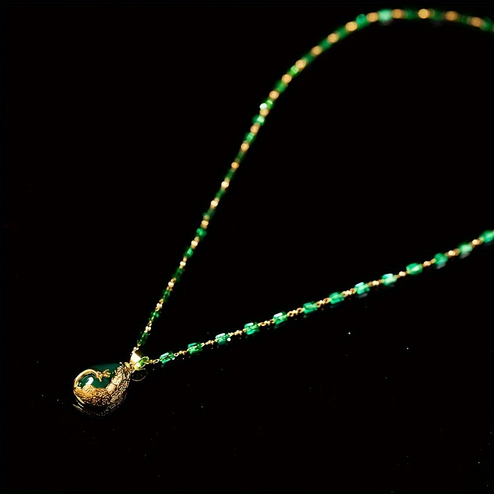 Elegant Peacock Pendant: Vintage Malachite Necklace for Prosperity & Spiritual Harmony
