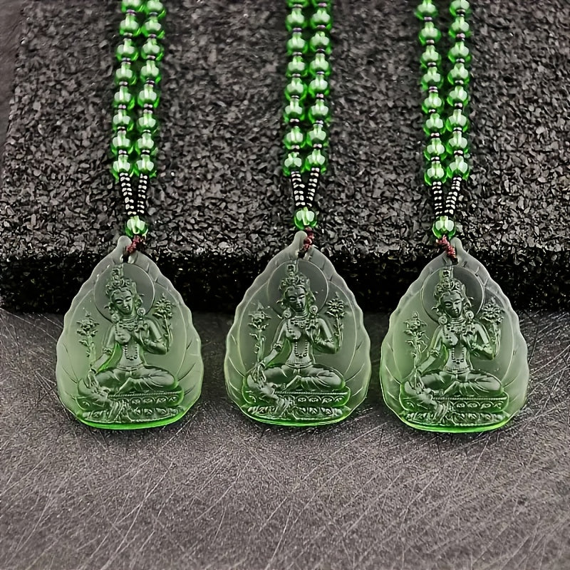 Tibetan Buddhist Green Glass Pendant Necklace - Spiritual Protection & Energy Healing Amulet