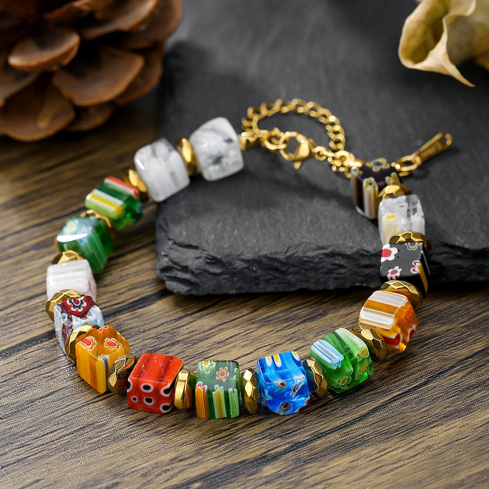Murano Glass Dice Bead Bracelet — Colorful Harmony, Joy & Playful Spirit Charm
