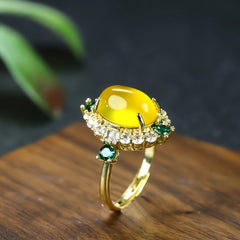 Authentic Yellow Gemstone Prosperity Ring Traditional Auspicious Retro Design for Fortune & Bright Blessings