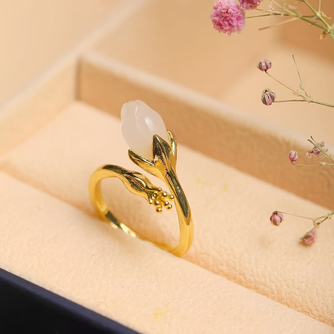 Sheep Fat White Jade Orchid Ring with Turquoise | Elegant Feng Shui Jewelry for Peace & Wisdom