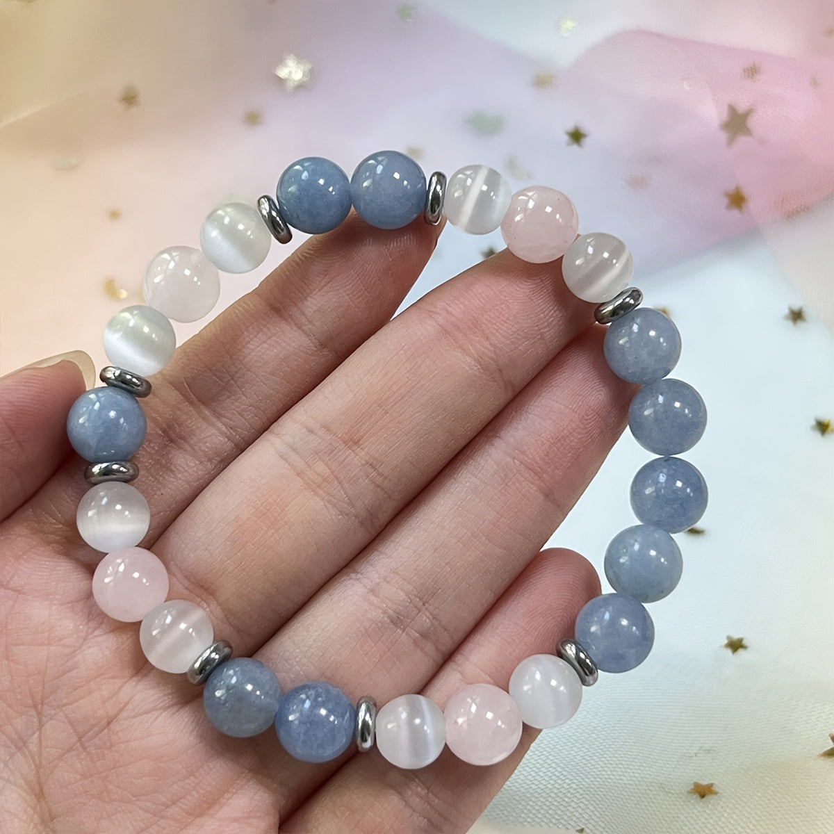 Bracelet for Inner Peace & Love - Aquamarine Rose Quartz Selenite Healing Jewelry