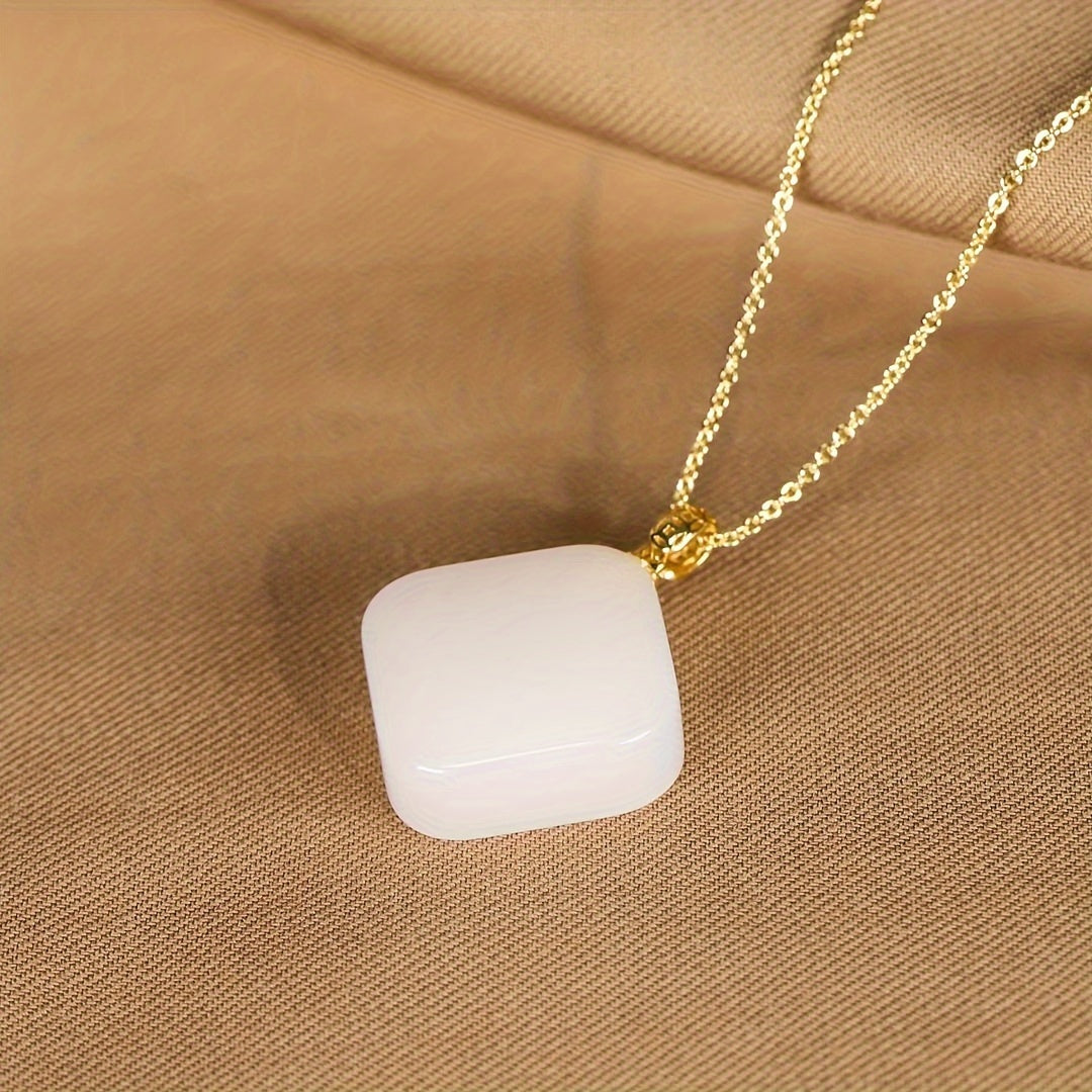 Natural Stone Square Pendant Necklace with Golden Chain for Grounding Energy and Minimalist Style