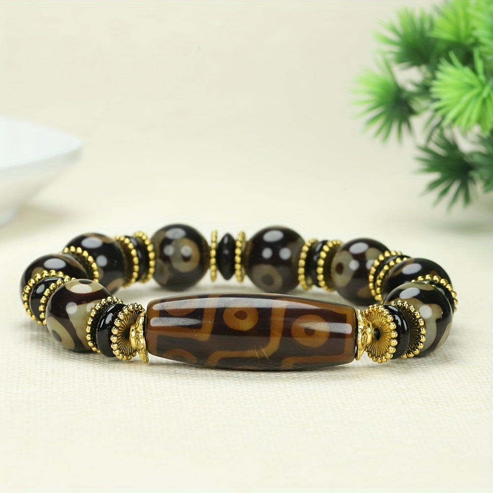 Three-Eyed Dzi Agate Bracelet for Spiritual Protection, Grounding, and Prosperity