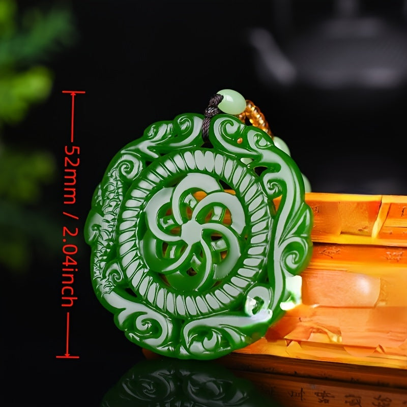 Natural Stone Necklace Pendant - Enhance Your Energy with Antique Dragon & Phoenix Design in Spinach Green
