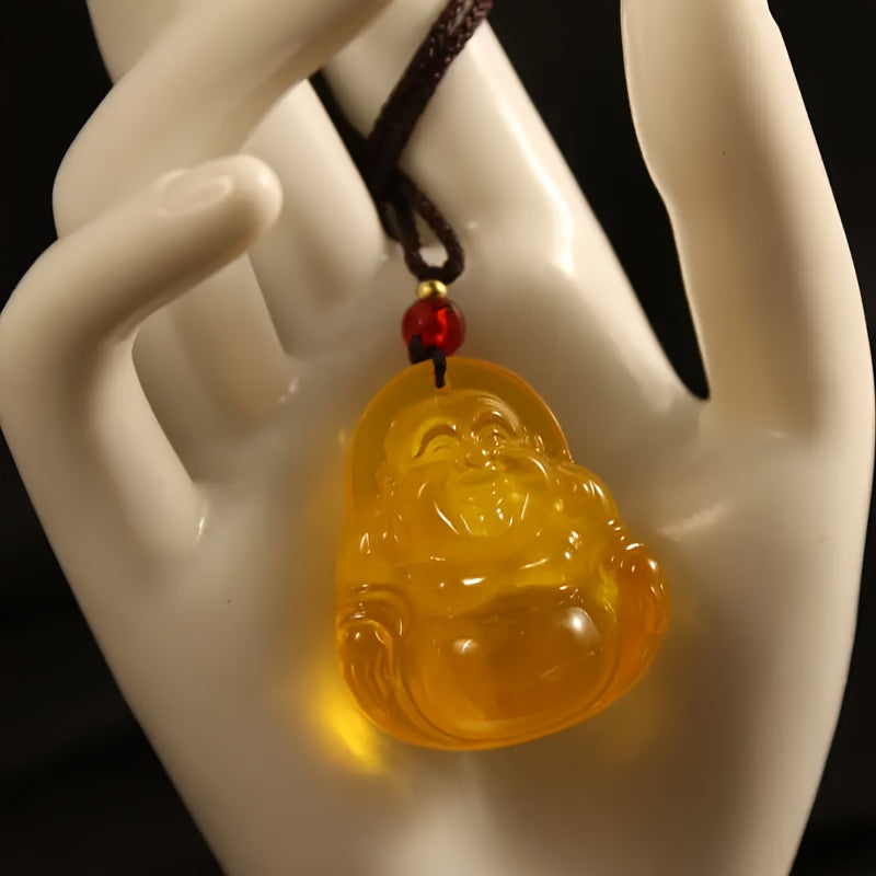 Golden Buddha Amber Necklace for Prosperity, Protection, and Spiritual Peace