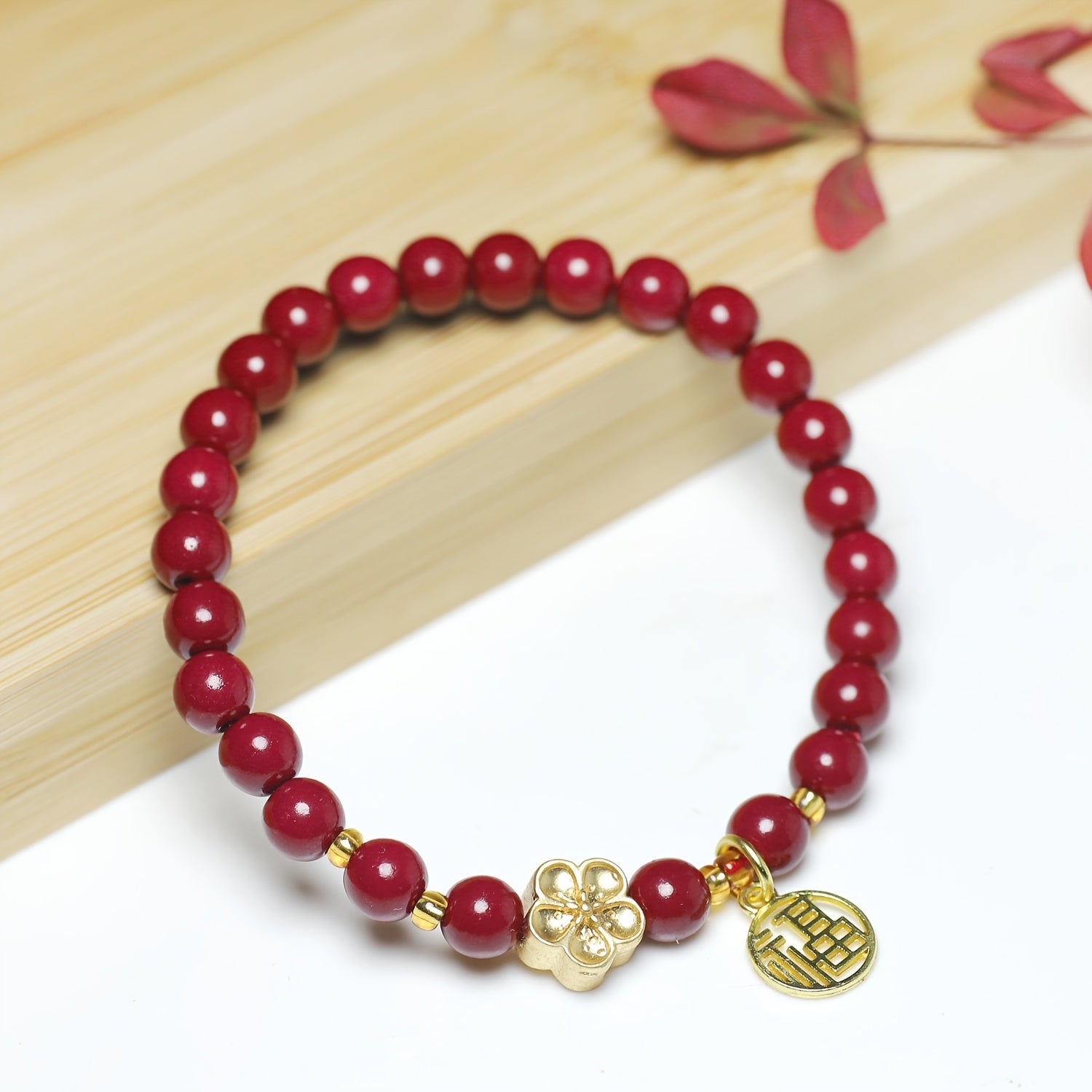 Fashion Red Sandalwood Bead Bracelet with Flower Charm & Double Happiness Pendant – Feng Shui Enhanced Energy for Career & Love
