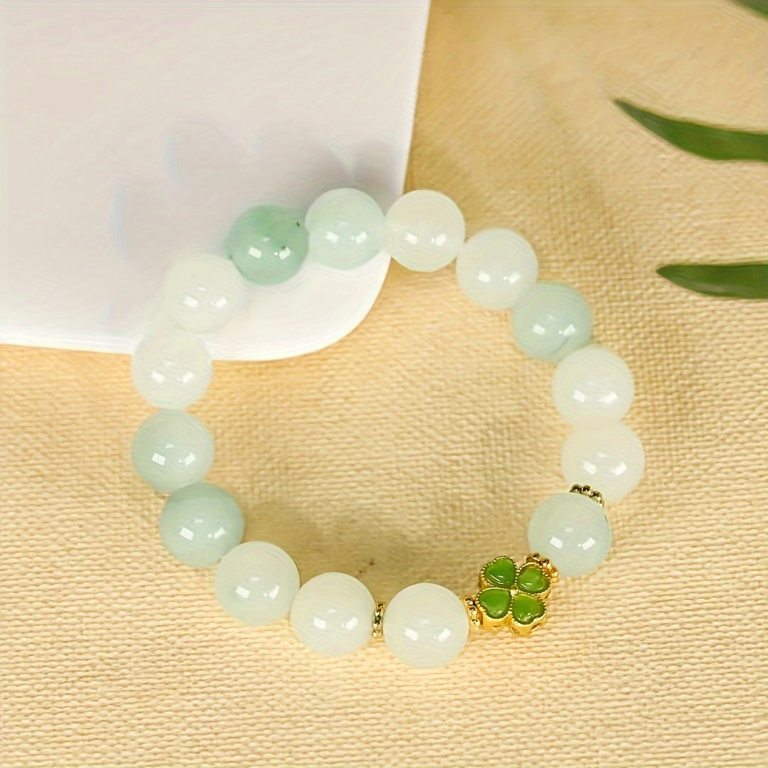 Natural Jade Beaded Bracelet with Four-Leaf Clover Charm for Luck & Serenity
