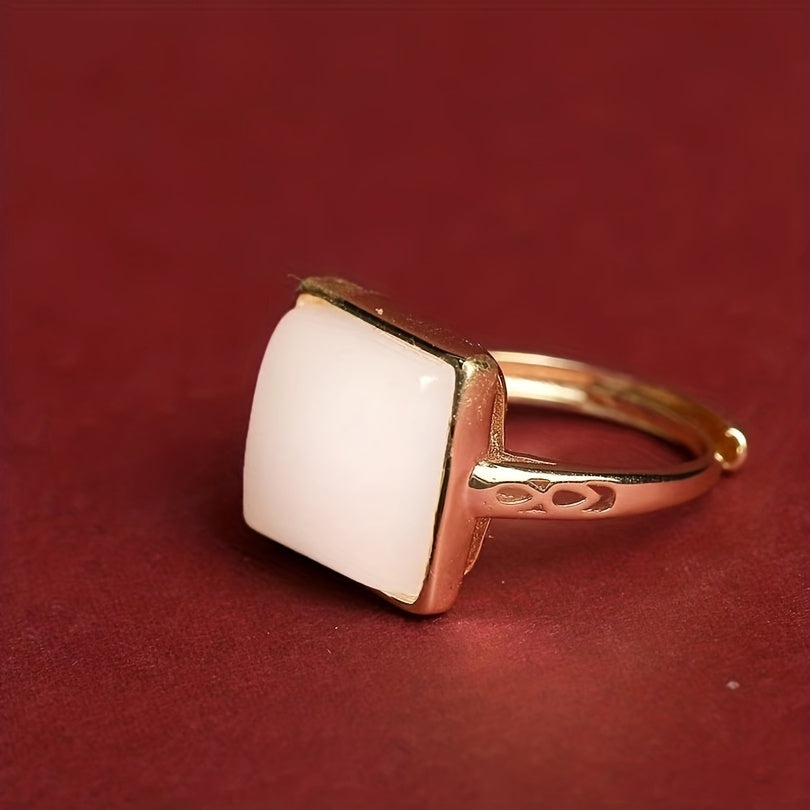 Vintage White Opalite Ring | Gold Tone Adjustable Statement Ring for Intuition, Clarity, and Elegant Style