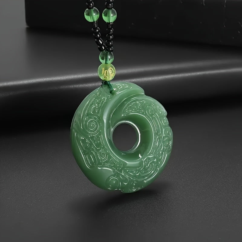Elegant Green Crescent Moon Pendant Necklace - Unisex Amulet for Prosperity & Protection