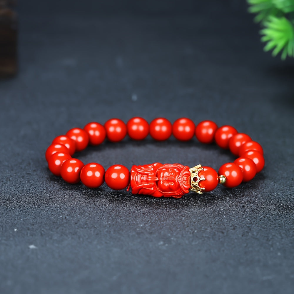 Red Cinnabar Beaded Bracelet with Emperor Dragon Charm for Protection & Prosperity
