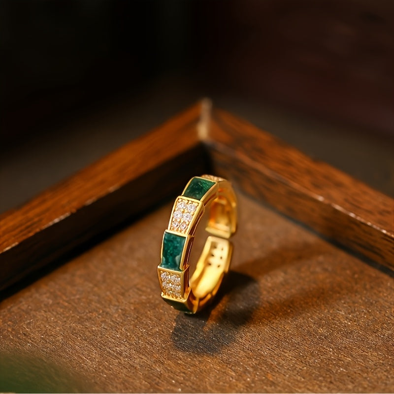 Copper Gold-Plated Ring with Green Synthetic Stone - Enhances Harmony & Prosperity  Minimalist Chic Jewelry
