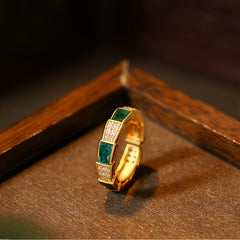 Copper Gold-Plated Ring with Green Synthetic Stone - Enhances Harmony & Prosperity  Minimalist Chic Jewelry