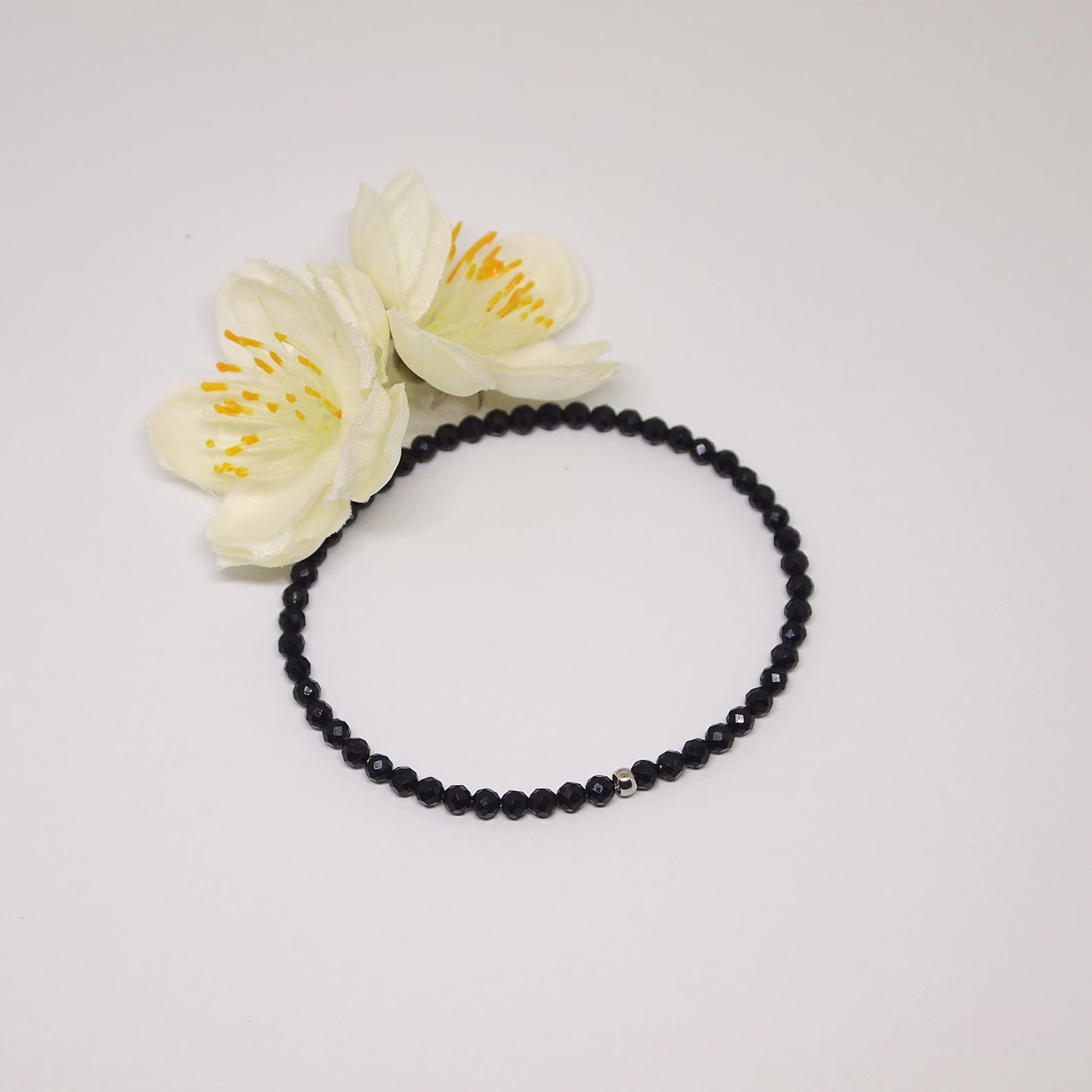 Dainty Black Faceted Stone Bracelet - Handmade Elastic Beaded Jewelry for Energy & Protection
