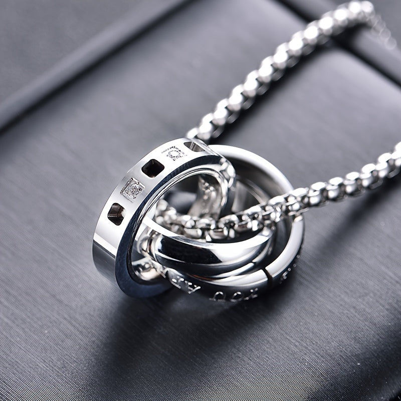 Alpaca 3-Ring Stainless Steel Pendant Necklace for Men: White Cubic Zirconia for Clarity & Protection