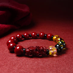 Natural Cinnabar Pixiu Bracelet - Red & Golden Good Fortune Charm for Women