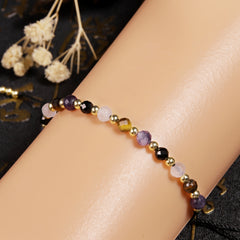 1pc Natural Stone Beaded Bracelet - Purple, Clear Quartz, Golden Tiger Eye & Black Obsidian for Energy Balance & Spiritual Protection