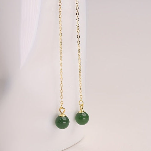 Fashionable Dangle Earrings with Green Natural Stone - S925 Silver Long Earrings for Daily Wear & Gifting