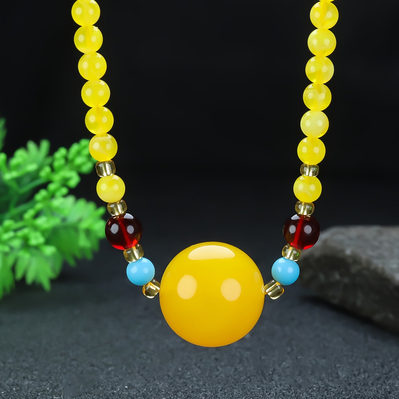 Elegant Amber Beaded Necklace with Peace Symbol for Calm and Joy - Casual Style, Natural Amber Jewelry