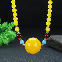Elegant Amber Beaded Necklace with Peace Symbol for Calm and Joy - Casual Style, Natural Amber Jewelry