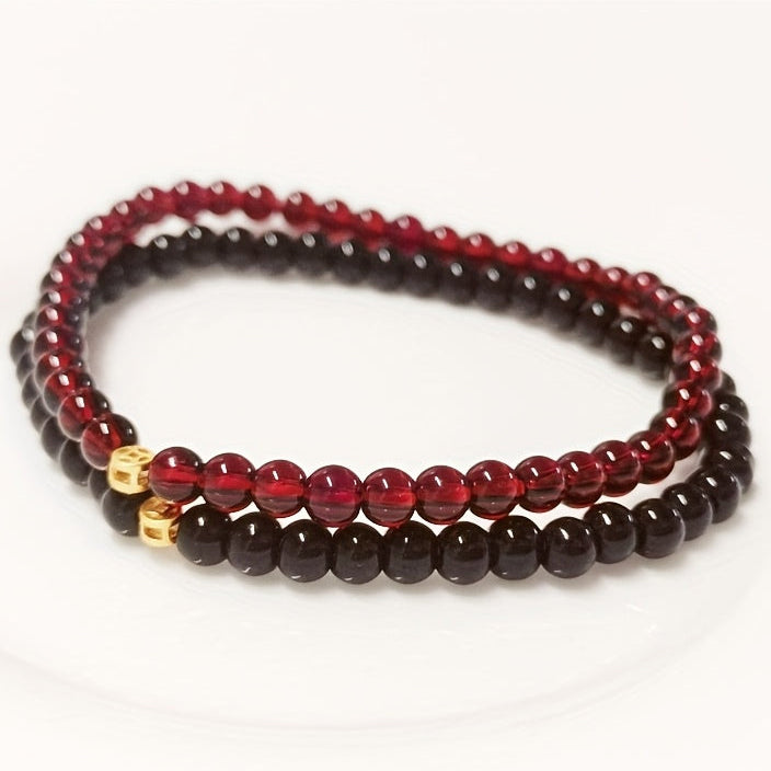 Red Garnet & Black Obsidian Bracelet Set - Lucky Coin Pendant for Couples & Daily Wear