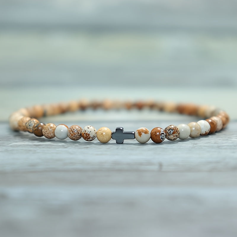 Men's Handmade Blue Stone & Black Cross Bracelet - Spiritual Protection & Stylish Daily Wear