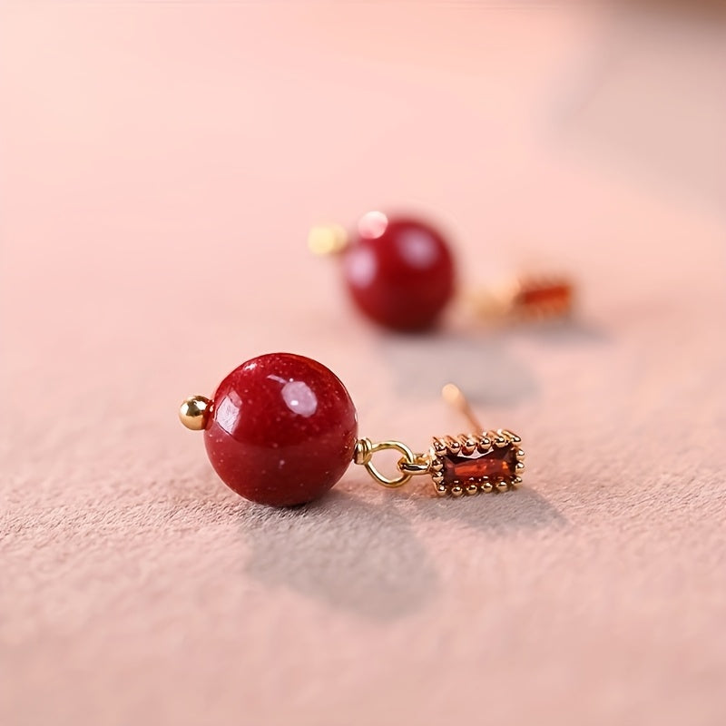Elegant Vintage Cinnabar Drop Earrings - Purple Golden-Tone for Energy Balance & Daily Elegance