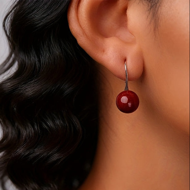 Cinnabar Earrings 925 Silver - 10mm Red Bead for Energy Balance & Protection - Traditional Chinese Jewelry