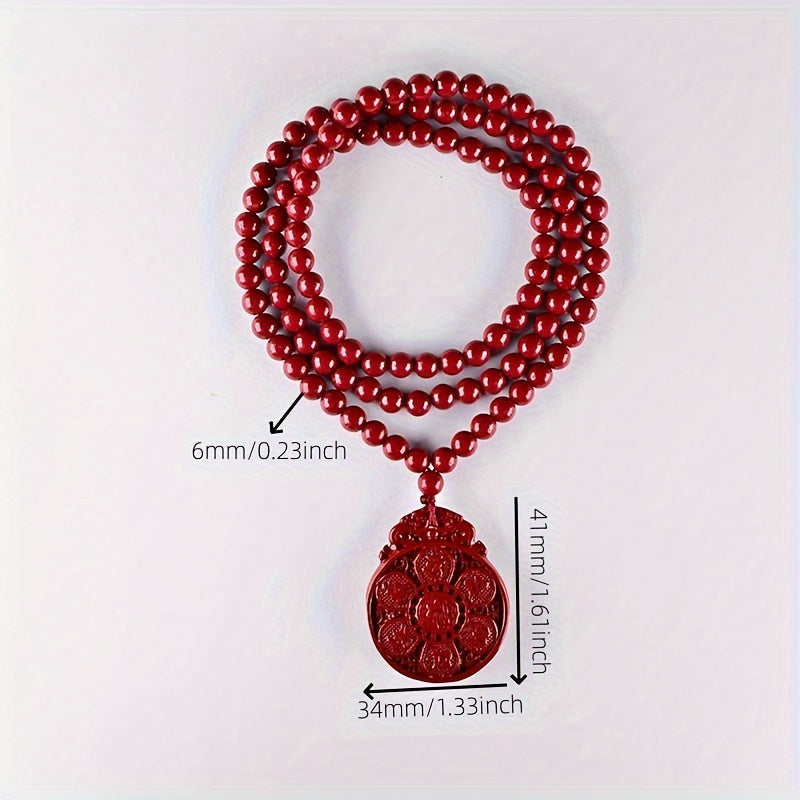 Men's Cinnabar Necklace with Eight Treasures Lotus Pendant for Protection, Luck & Spiritual Balance