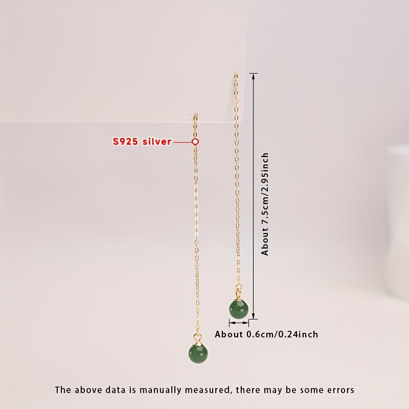 Fashionable Dangle Earrings with Green Natural Stone - S925 Silver Long Earrings for Daily Wear & Gifting