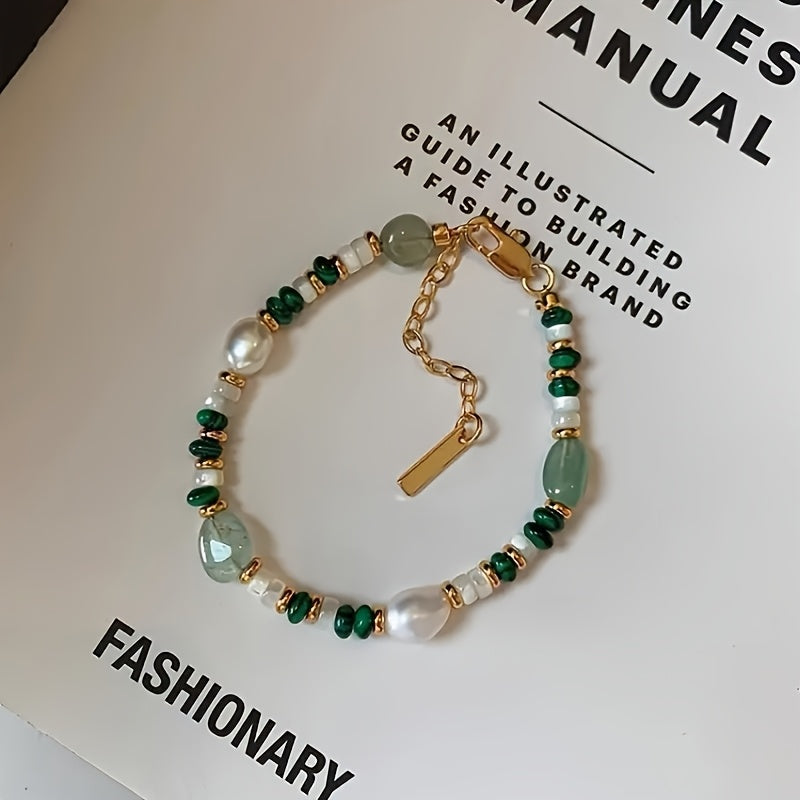 1pc Elegant Faux Pearl & Malachite Beaded Necklace - Green & White Freshwater Pearl Jewelry with Golden-Tone Accents for Spring-Autumn Fashion Accessories