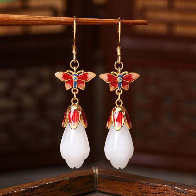 Women's Chinese Auspicious Cloud & Butterfly Earrings - Enamel Retro Imitation Jade for Elegant Parties & Weddings