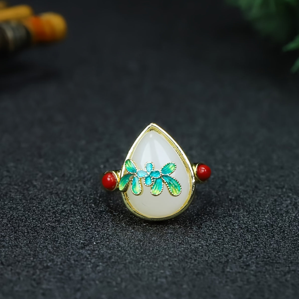 Green Jade Teardrop Ring with Enamel Flower | Natural Stone Jewelry for Emotional Balance & Prosperity