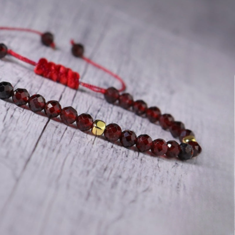 Women's Minimalist Braided Bracelet - Natural Garnet Stone Jewelry with Red Accent