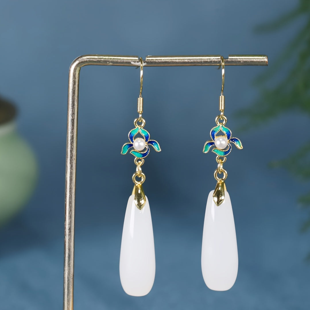 Elegant Dangle Earrings - Natural Stone Teardrop Antique Hanfu Inspired for Mature Women