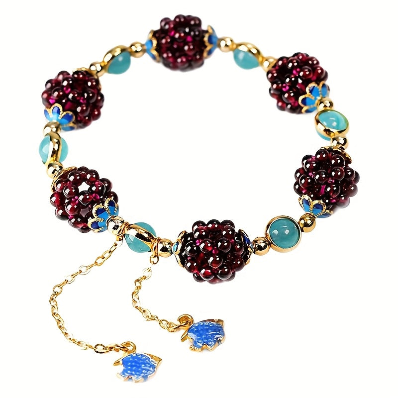 Natural Garnet Woven Ball Bracelet — Vitality & Passion Energy Charm with Hollow Fish Design