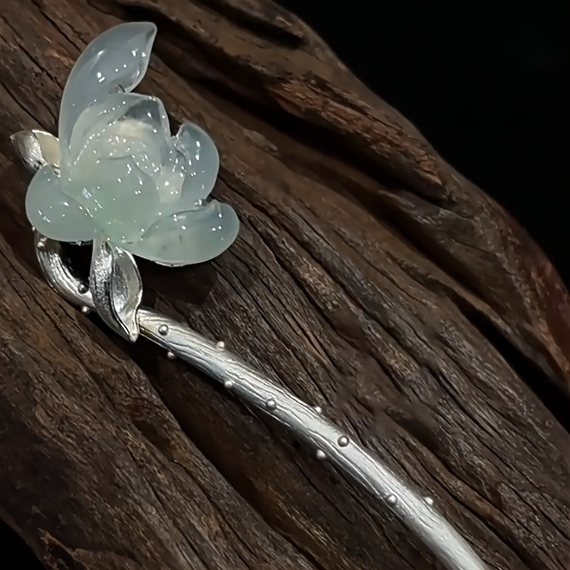 Chinese Lotus Hairpin with Silver Branch Design - Transparent Three-dimensional Ancient Cool Feel for Spiritual Harmony & Mindful Energy