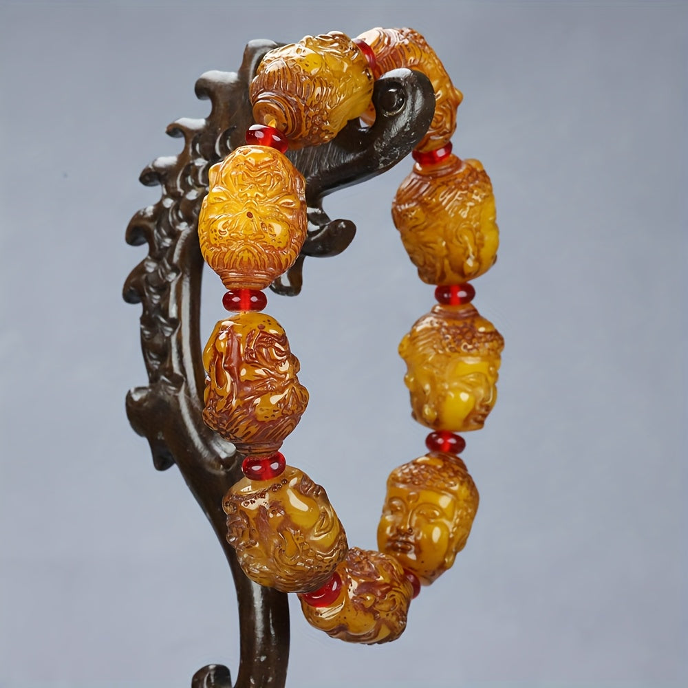 Amber Buddha Head Bracelet with Red Agate for Wealth, Protection, and Spiritual Balance