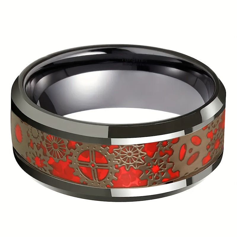Bold Red Mechanical Punk Gear Ring - Stainless Steel Men's Fashion Statement for Energy & Style
