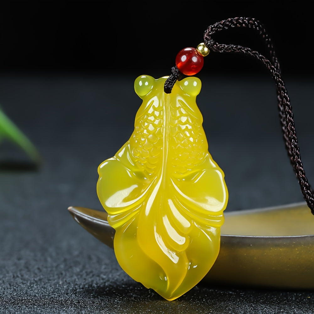 Men's Yellow Jade Fish Pendant Necklace for Prosperity, Abundance & Good Fortune