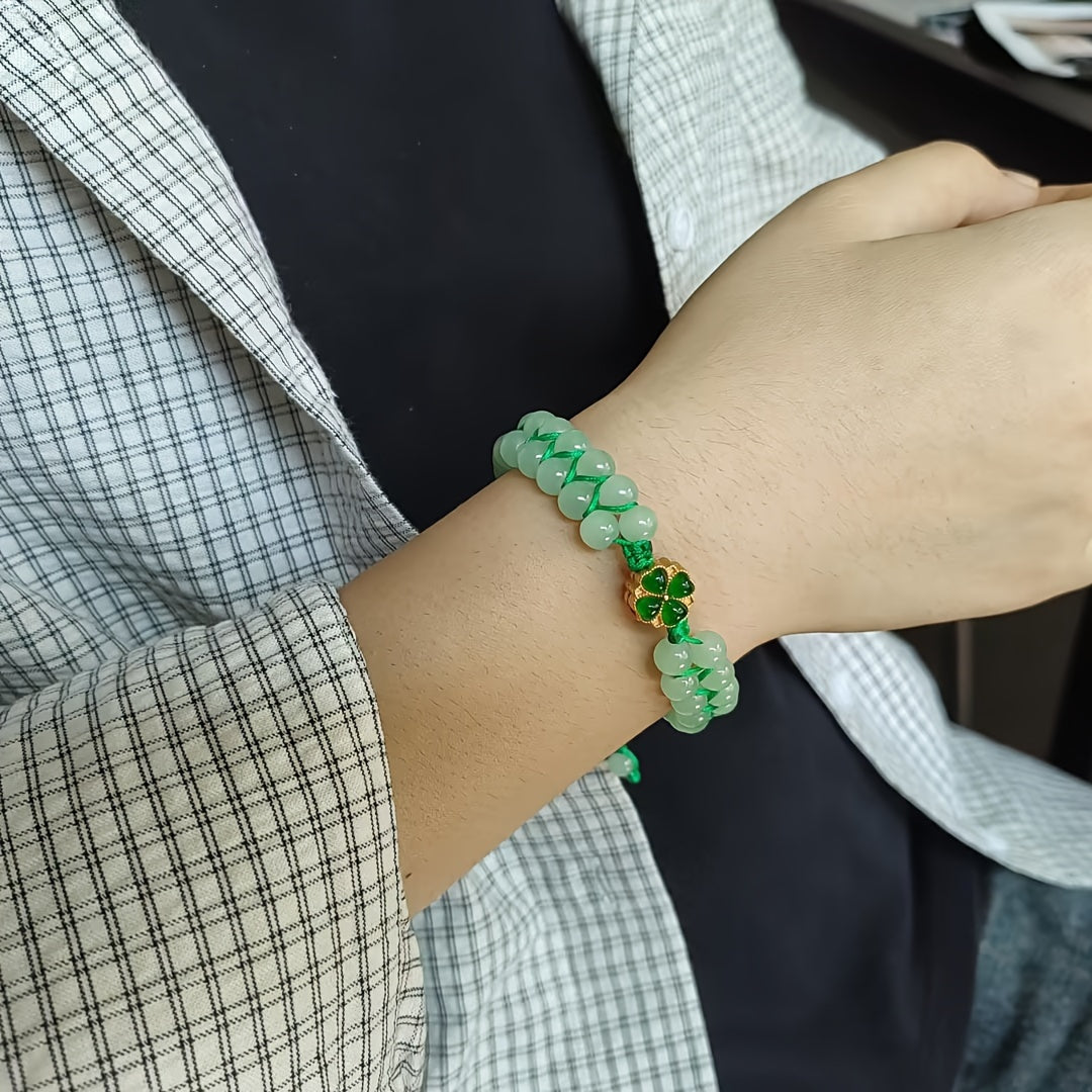 1pc Natural Green Aventurine Leaf Clover Beaded Bracelet - Unisex Stone Bracelet for Daily Wear & Holiday Decor with Energy Balancing