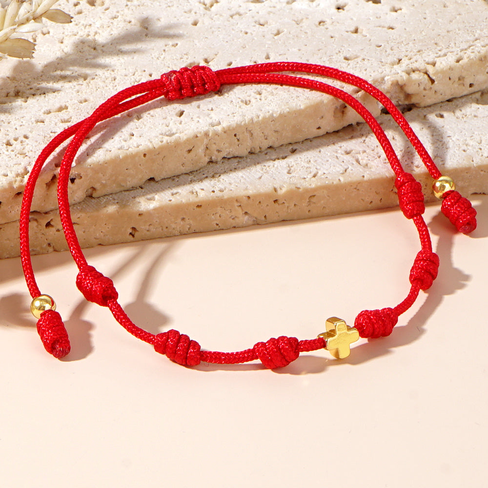 Boho Red Rope Bracelet with Cross Charm - Adjustable for Daily Wear & Festive Energy
