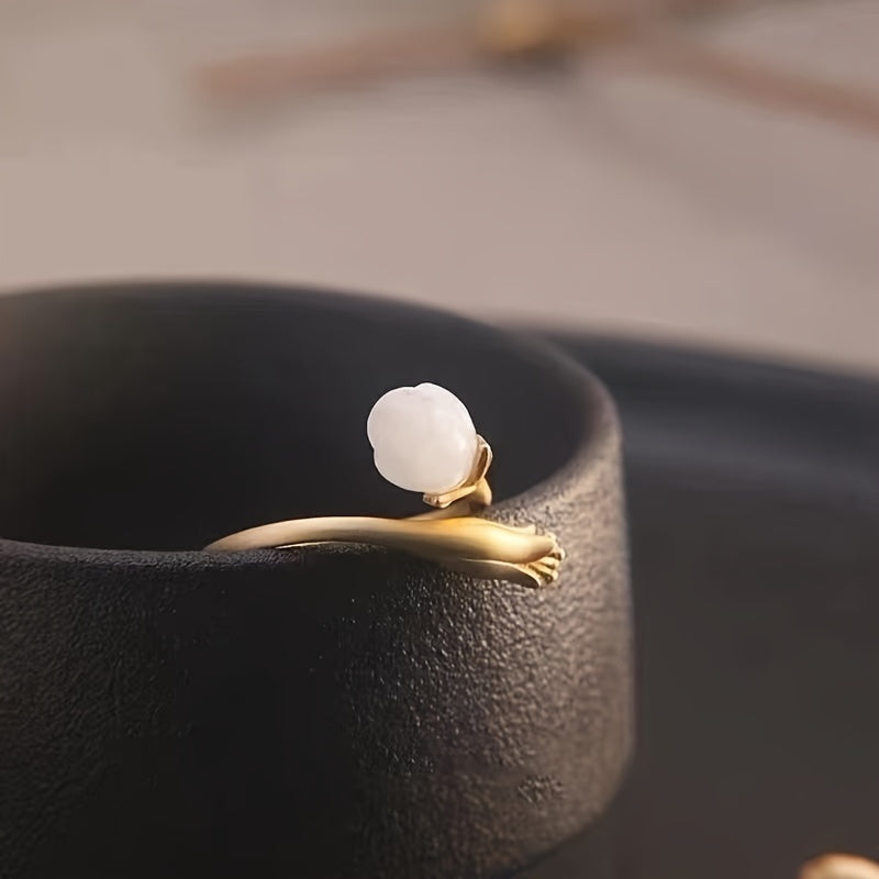 Vintage Orchid Blossom Ring in Natural Lamb Fat White, Elegant 925 Silver Jewelry for Purity, Love, and Spiritual Growth