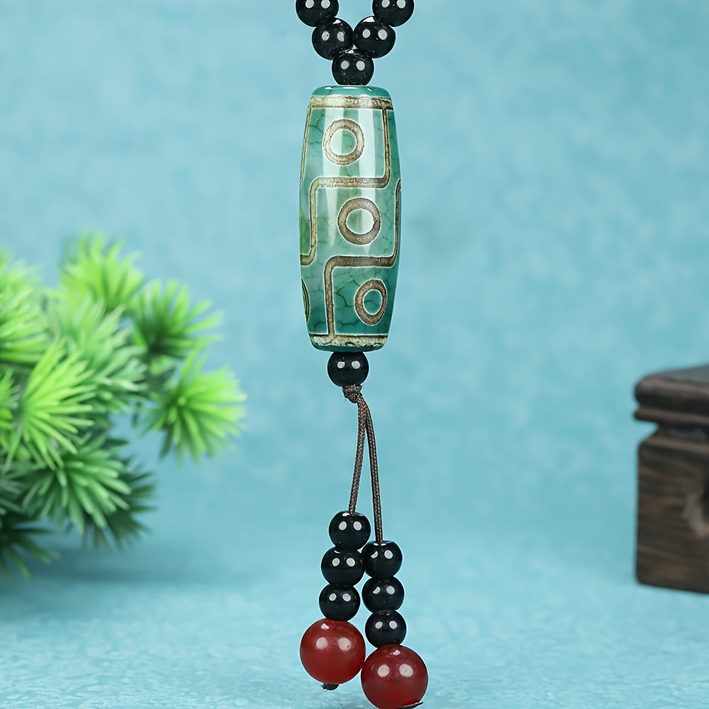 Tibetan Black Agate Necklace with Green Dzi Bead for Protection, Wealth, and Spiritual Balance