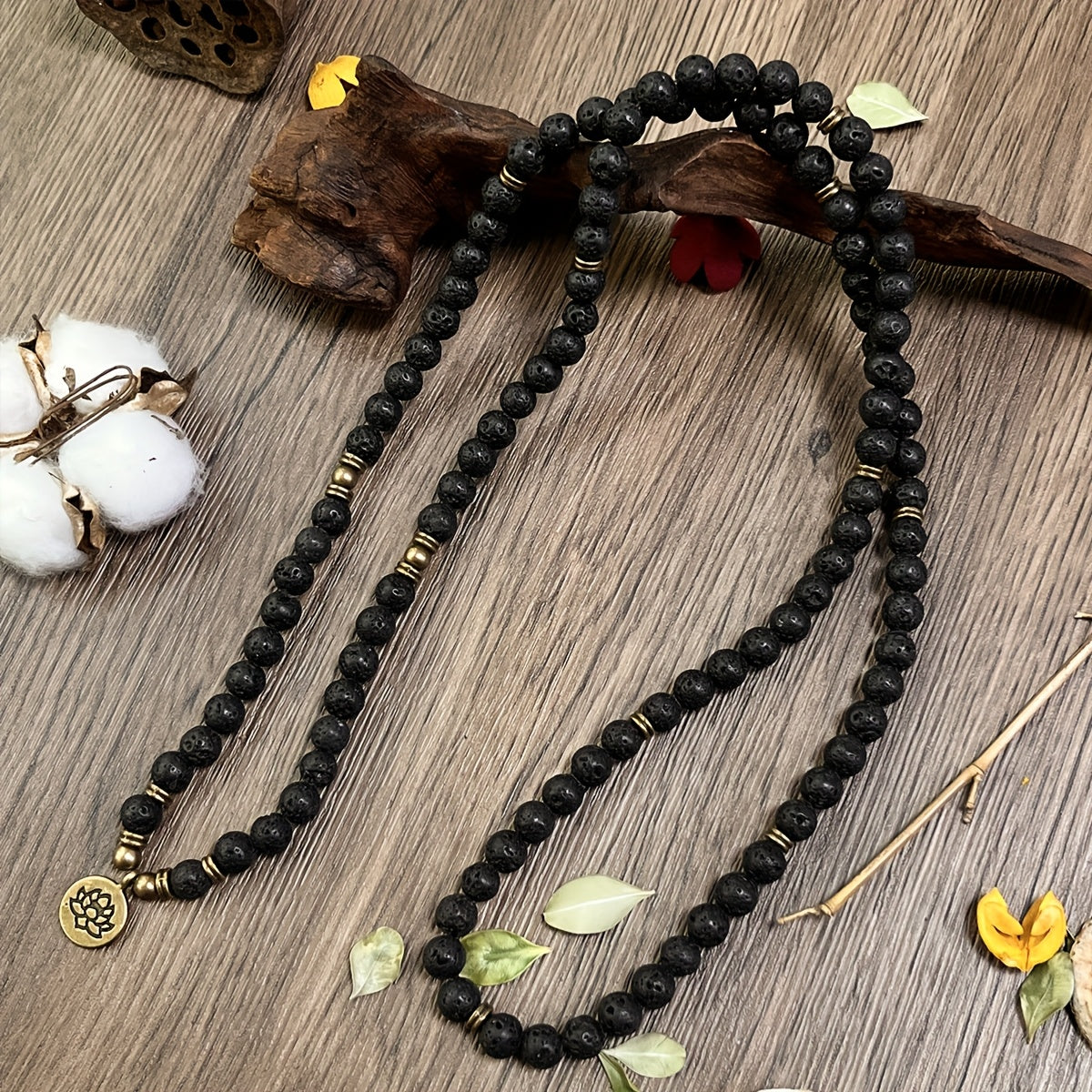 108 Beads Black Stone Mala Bracelet with Lotus Pendant - Energy Balancing & Protection for Daily Wear