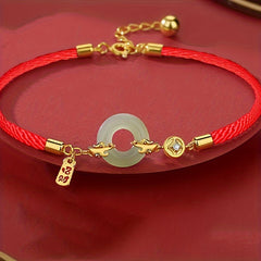 Red Lucky Rope Bracelet with Jade Pi Disc & Gold Accents — Protection, Prosperity & Heart-Calming Energy