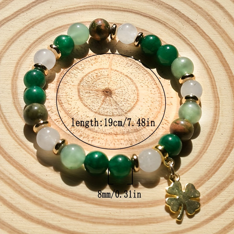 Green Aventurine & Chrysocolla Beaded Bracelet - Four-Leaf Clover Charm for Prosperity & Vintage Bohemian Style
